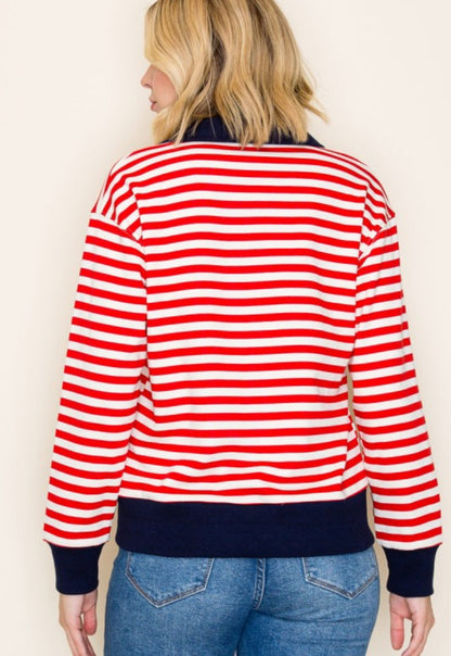 Stripe Contrast Collar Top Red Navy