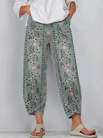 Ethnic Style Flowers Women's Art Pattern Print Casual Denim Cotton Pants