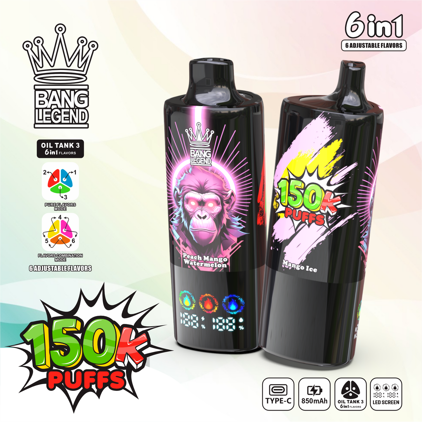 Bang Legend 150000 150K Puffs 6 in 1 Flavors Newest Original Rechargeable LED Display Disposable Vape