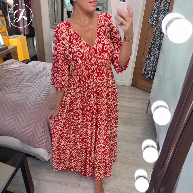 💖LAST DAY SALE 50% OFF💖Bohemian casual print V-neck waist wrap long dress