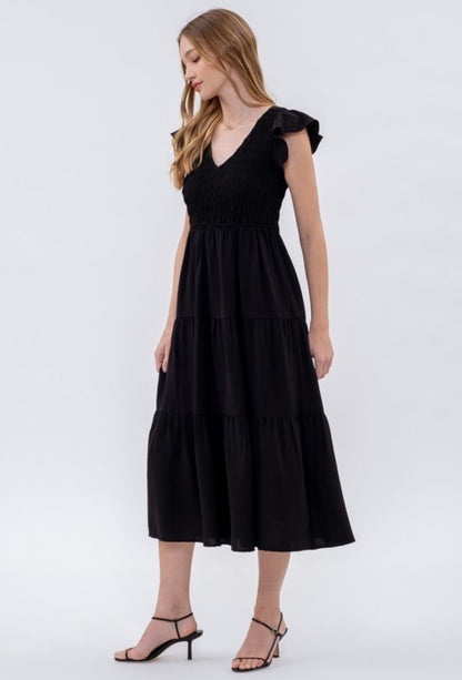 Solid Flutter Sleeve Midi Dress Black