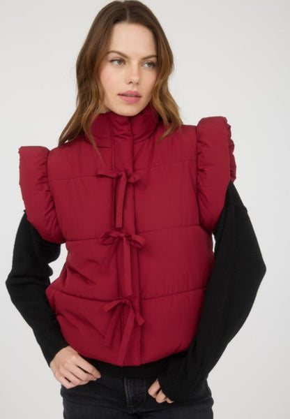 Flutter Sleeve Puffer Vest Red Wine