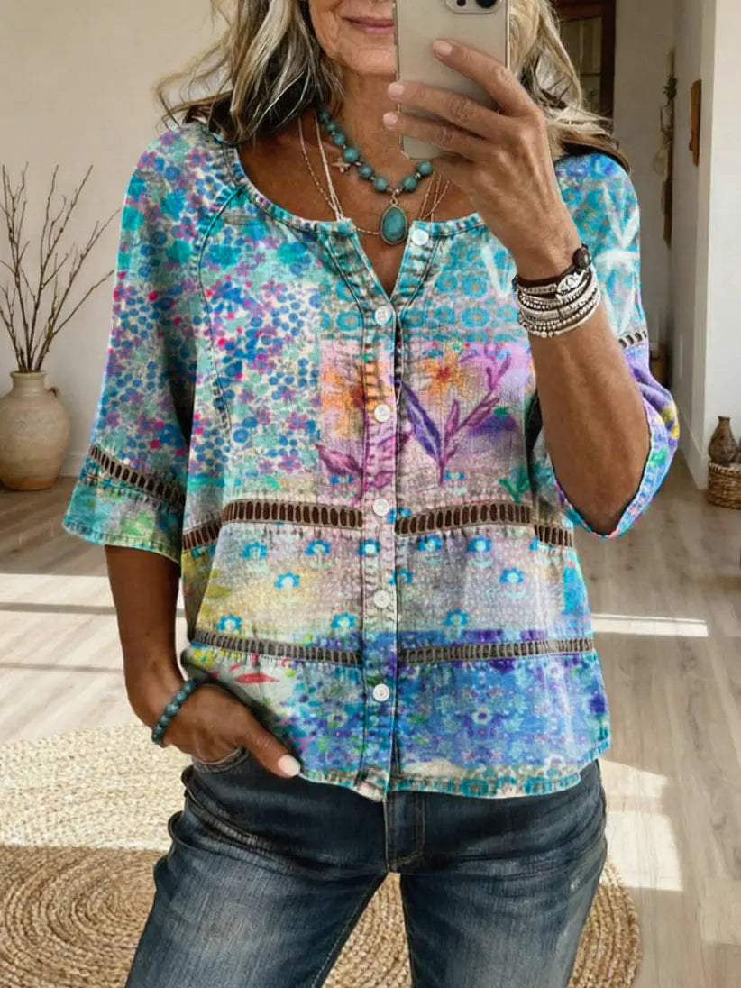 Women's Retro Blue Floral Art Print Casual Long-Sleeve V-Neck Washed Cotton Denim Top