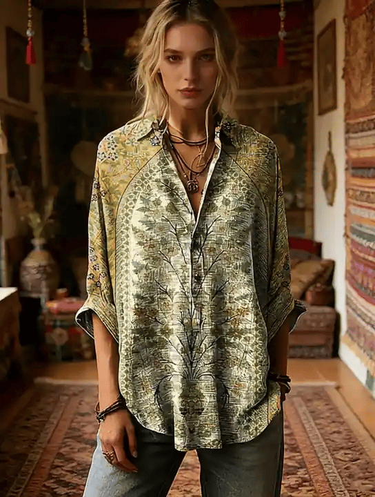 Women's Vintage Ethnic Floral Pattern Art Print Casual Long-sleeve Shirt