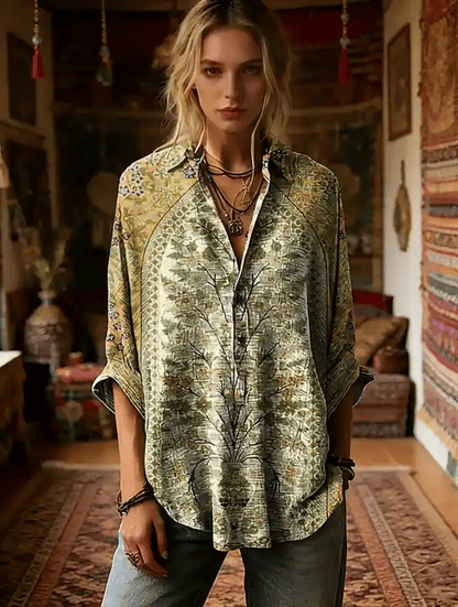 Women's Vintage Ethnic Floral Pattern Art Print Casual Long-sleeve Shirt