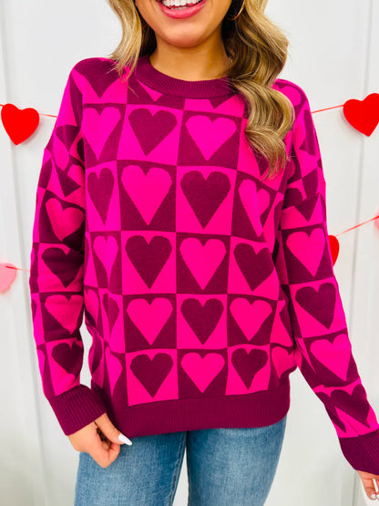 Magenta Fuchsia Checkered Heart Sweater