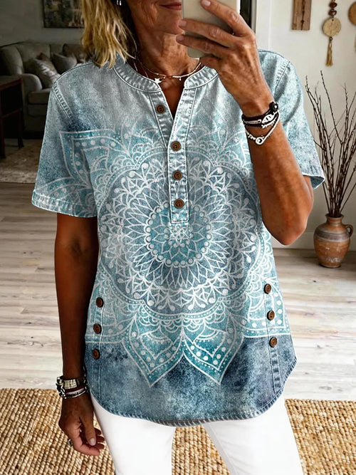 Ethnicity Kaleidoscope Totem Women's Art Print Casual Short-sleeve Washed Cotton Denim Shirt