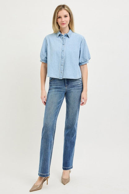 RISEN Denim Puff Sleeve Button Down Shirt