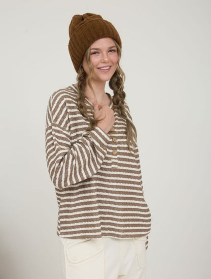 Textured Stripe Henley Top Taupe