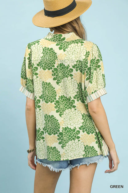 UMGEE Floral Collared Top Green Mix