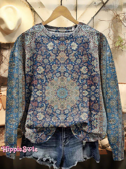 Women's Vintage Ethnic Floral Art Print Casual V-neck Long Sleeve T-shirt