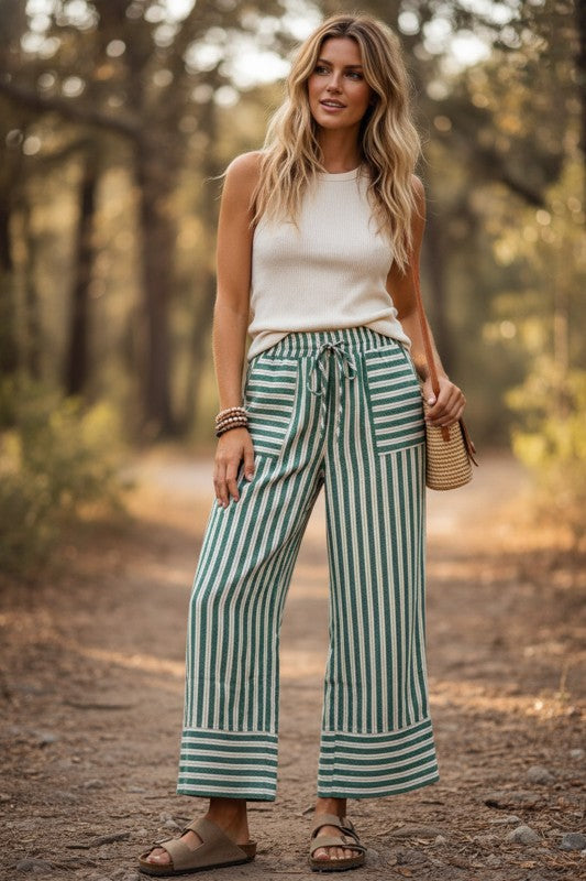 Woven Wide Leg Stripe Pant Green