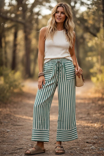 Woven Wide Leg Stripe Pant Green