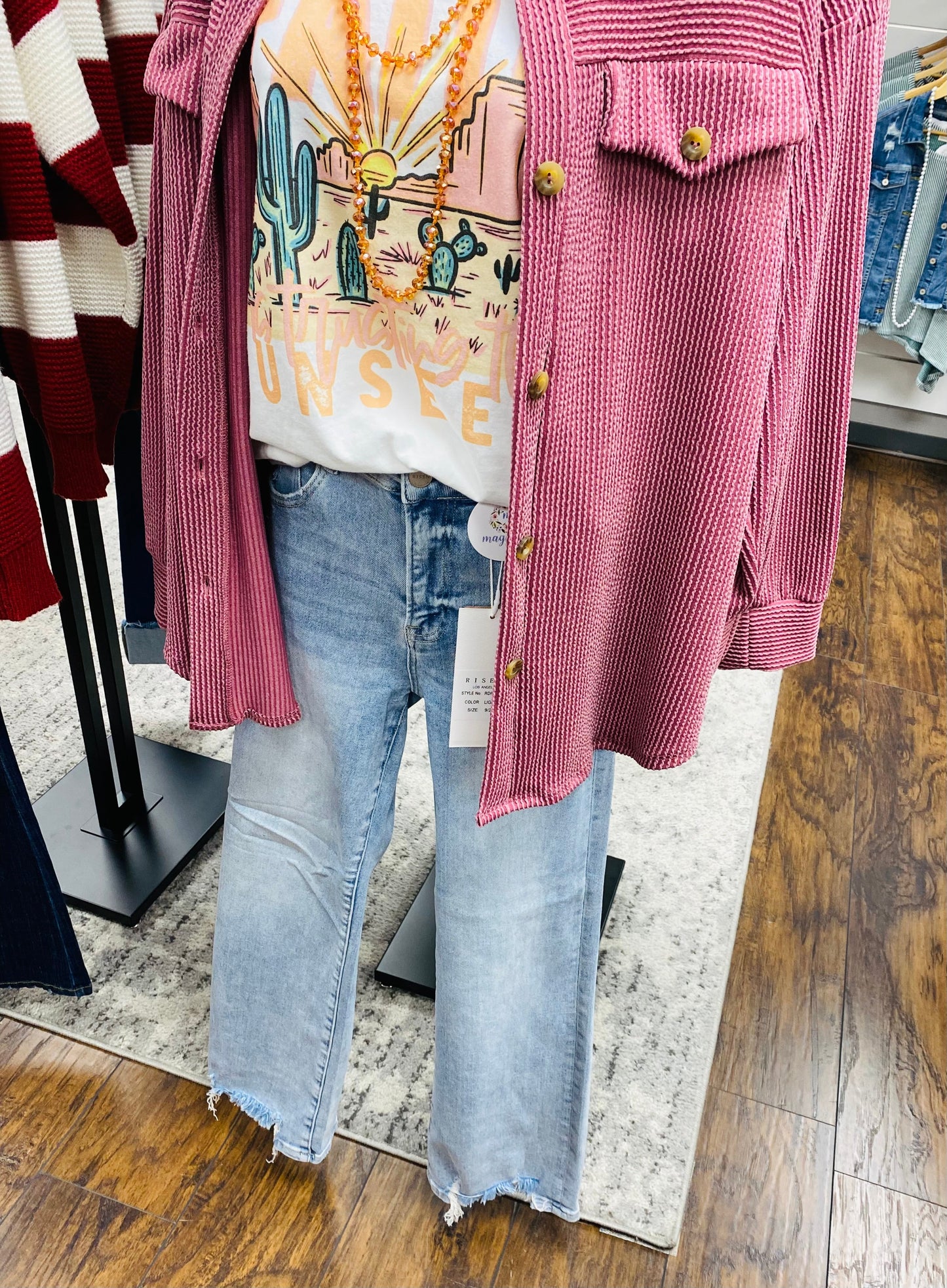 Textured Urban Ribbed Button Down Shacket Sangria