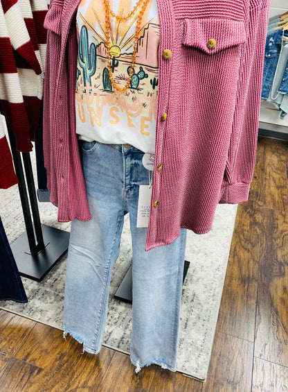 Textured Urban Ribbed Button Down Shacket Sangria