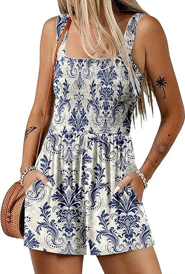 🏝️LAST DAY SALE 50% OFF💃Women's Summer Square Neck Sleeveless Loose Casual Short Smocked Romper