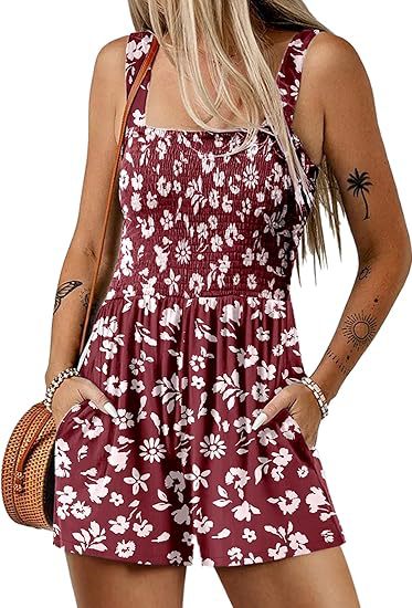 🏝️LAST DAY SALE 50% OFF💃Women's Summer Square Neck Sleeveless Loose Casual Short Smocked Romper