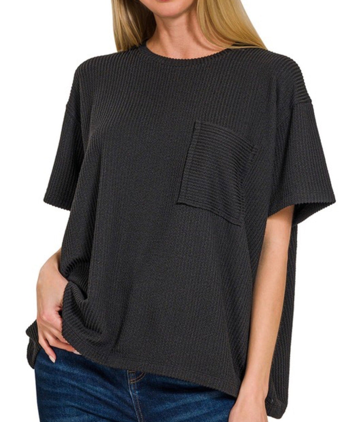 Corded Ribbed Knit Pocket Top Black