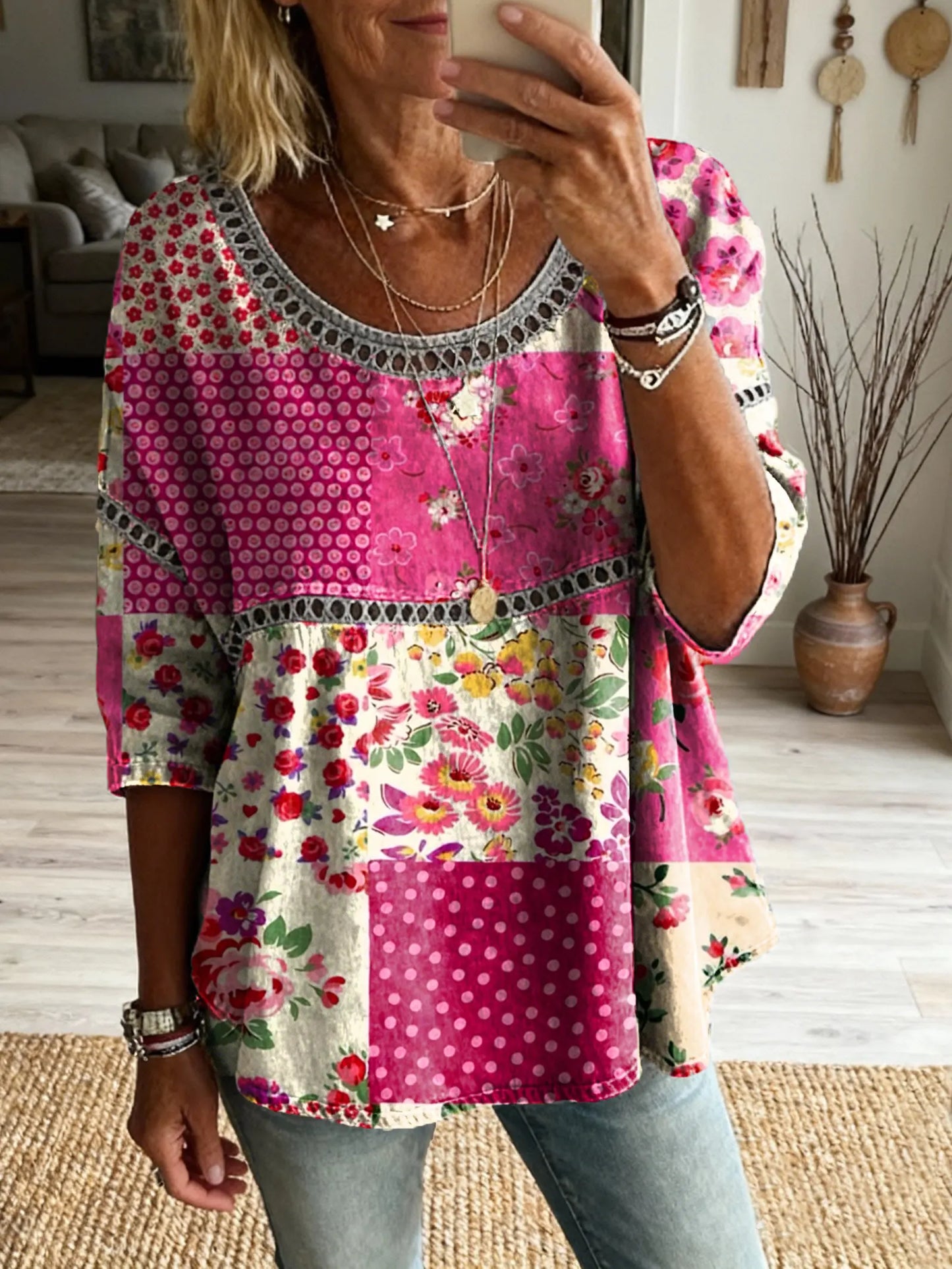 Women's Vintage Patchwork Floral Art Print Casual Round Neck Cutout Top