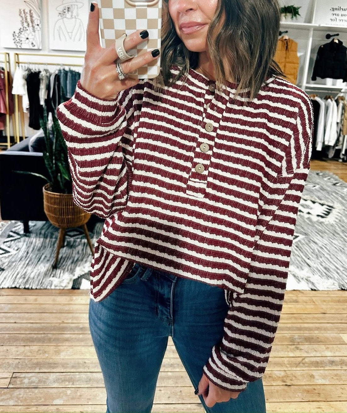 Textured Stripe Henley Top Dark Red