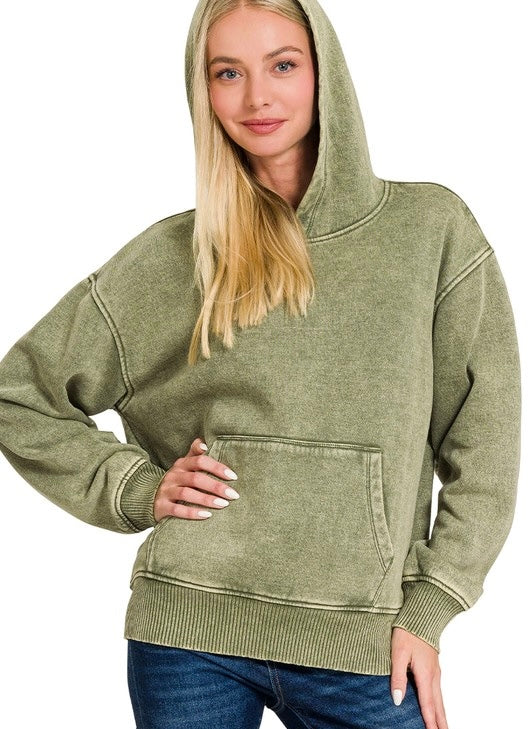 Acid Wash Hoodie Sweatshirt Light Olive