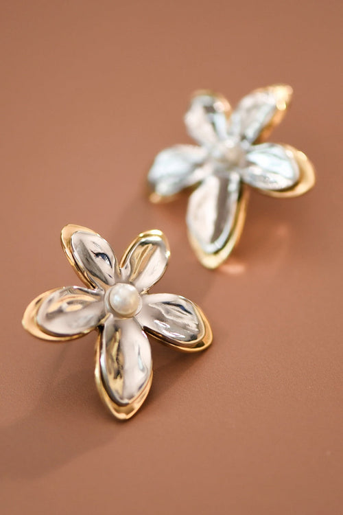 18K Gold Plated S.S. 2 Tone Pearl Flower Stud Earring
