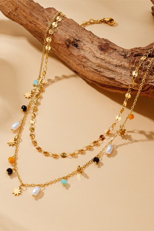 18K Gold Plated S.S. Layered Charm Necklace