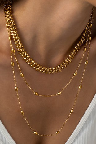 18K Gold Plated S.S. Layered Chunky Chain Beaded Necklace