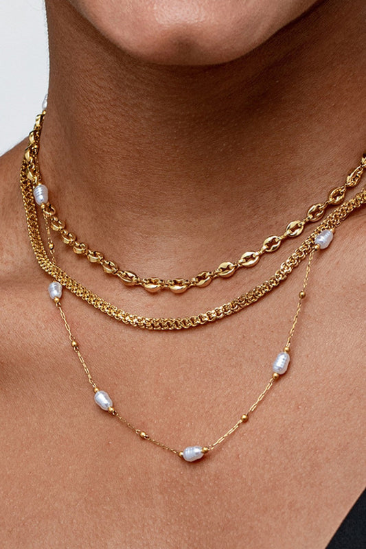 18K Gold Plated S.S. Layered Pearl Chunky Chain Necklace