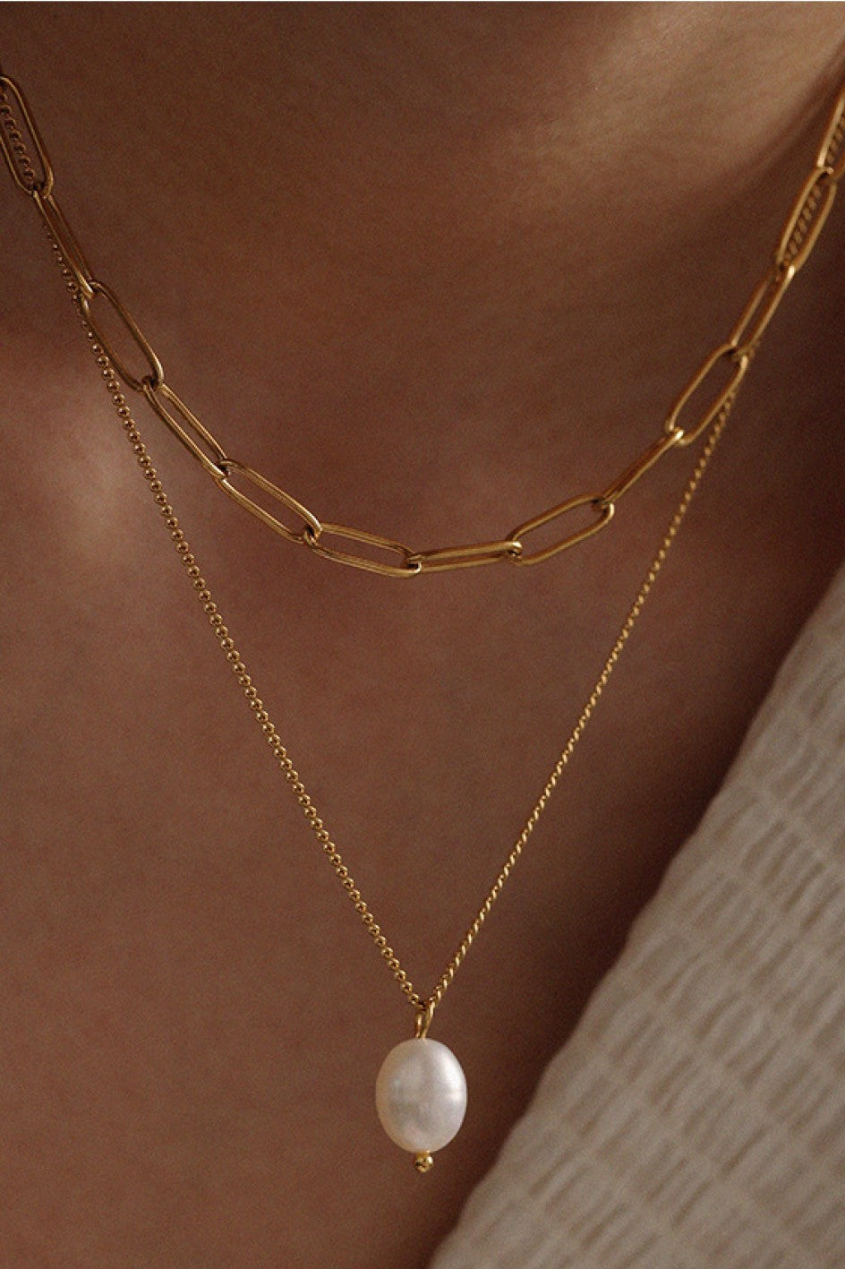 18K Gold Plated S.S. Paperclip Multi Layer Pearl Drop Necklace