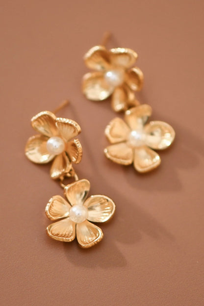 18K Gold Plated S.S. Pearl Flower Drop Earring