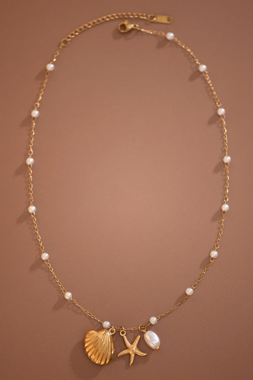 18K Gold Plated S.S. Pearl & Beach Pendant Necklace
