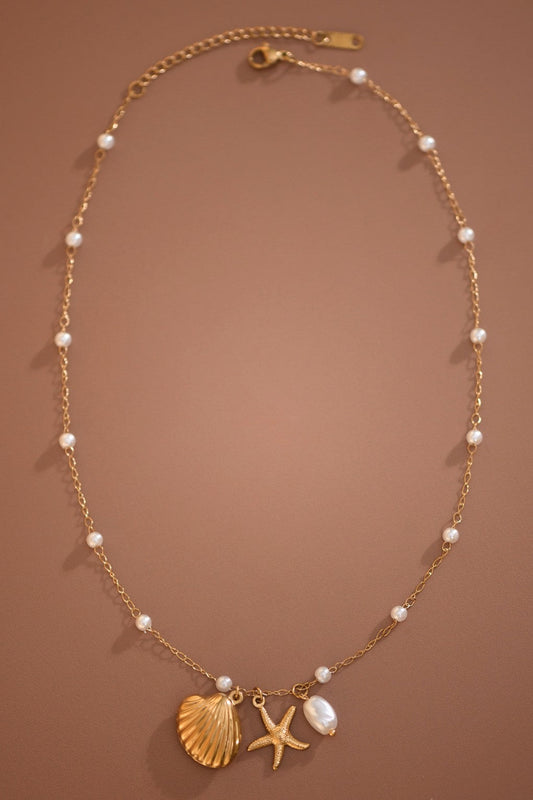 18K Gold Plated S.S. Pearl & Beach Pendant Necklace