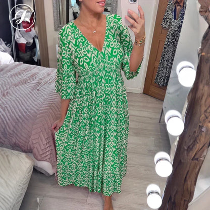💖LAST DAY SALE 50% OFF💖Bohemian casual print V-neck waist wrap long dress