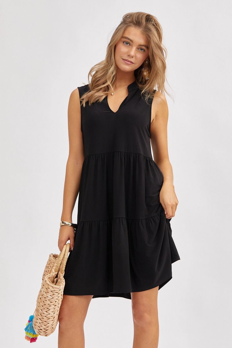 Solid Tank Ruffle Tiered Dress Black