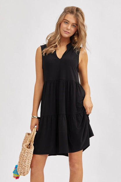 Solid Tank Ruffle Tiered Dress Black