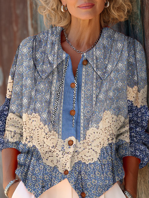 Retro Lace Floral Art Print Cozy Peter Pan Collar Button Knit Cardigan Sweater