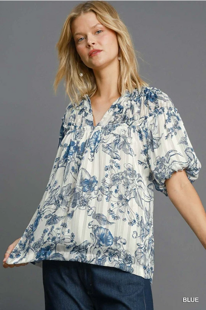 UMGEE Blue Floral Vintage Ruffle Top
