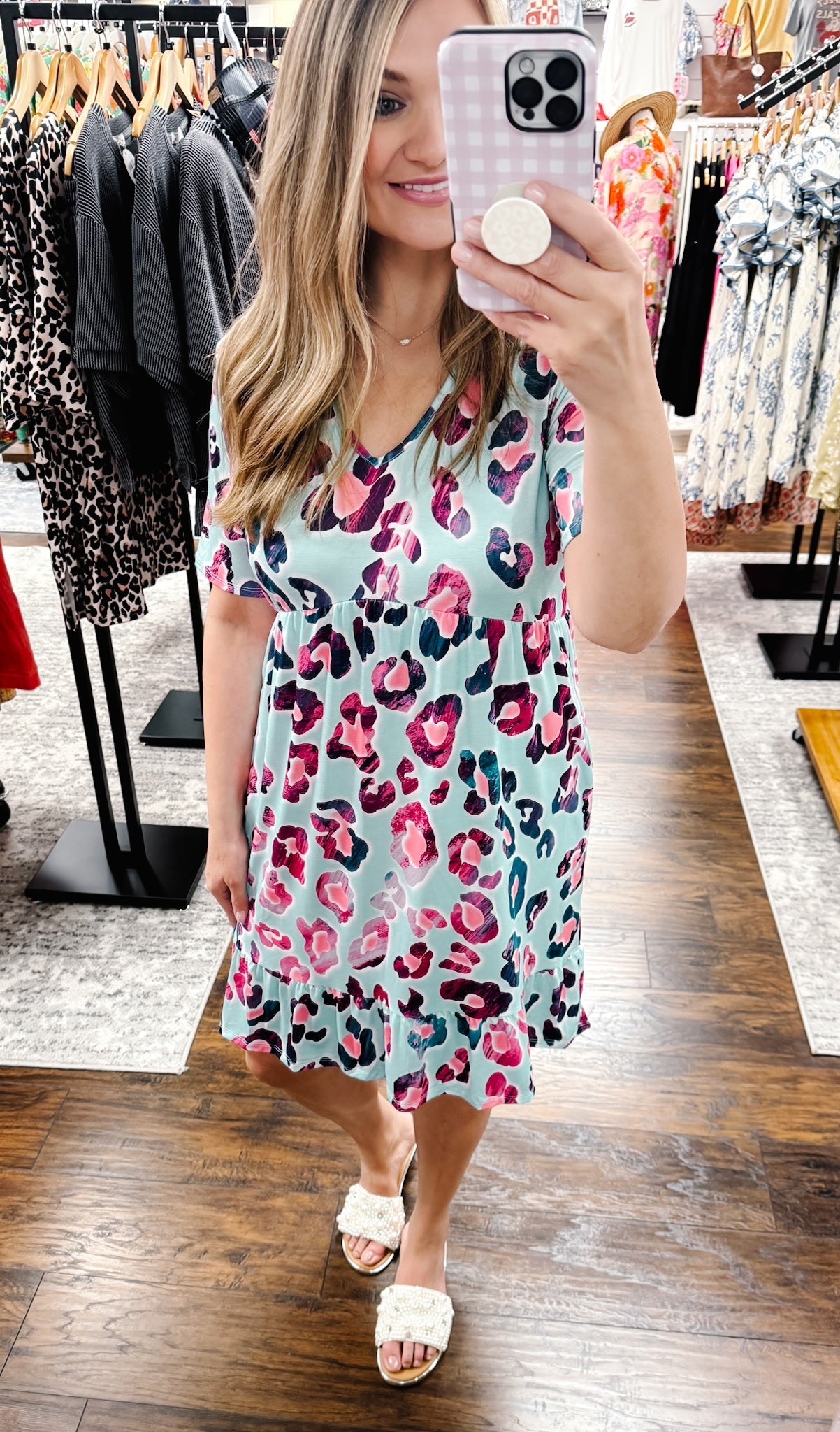 Mint Leopard Print Pocket Dress