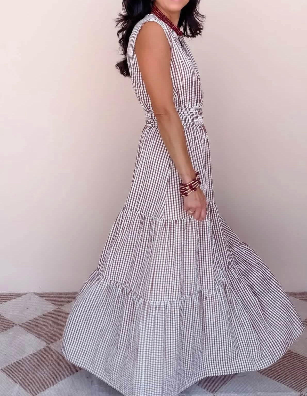 Mocha Gingham Checkered Maxi Dress