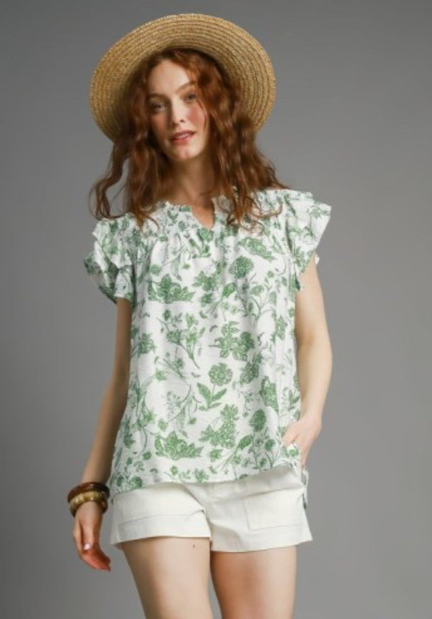UMGEE Sage Floral Ruffle Sleeve Top