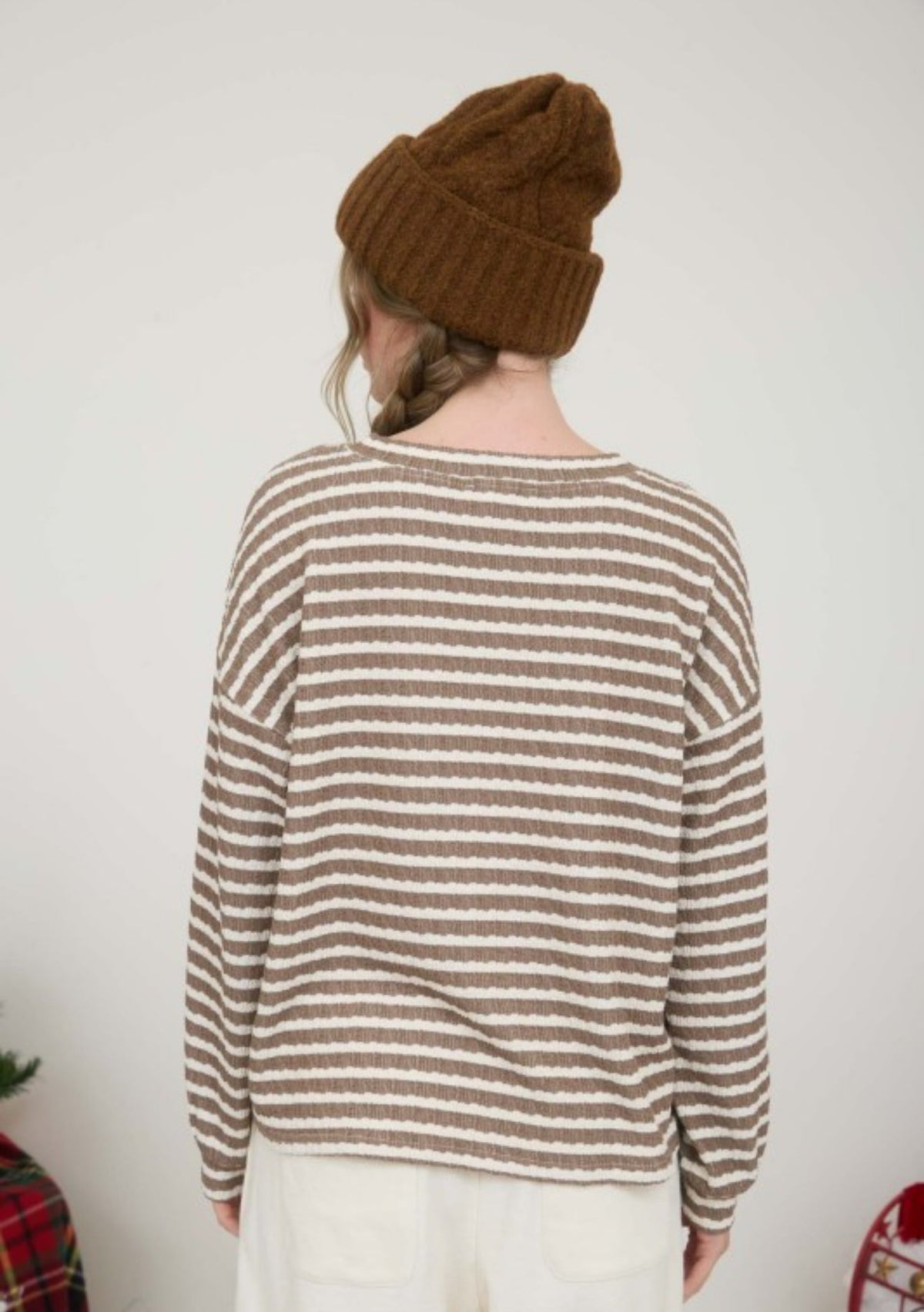 Textured Stripe Henley Top Taupe