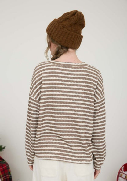 Textured Stripe Henley Top Taupe