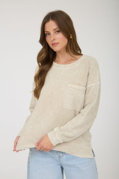 Long Sleeve Rib Knit Pocket Top Beige
