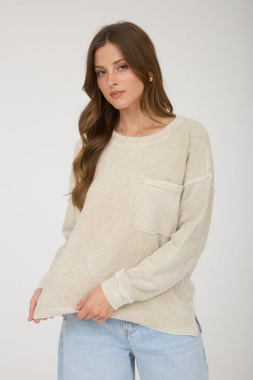 Long Sleeve Rib Knit Pocket Top Beige