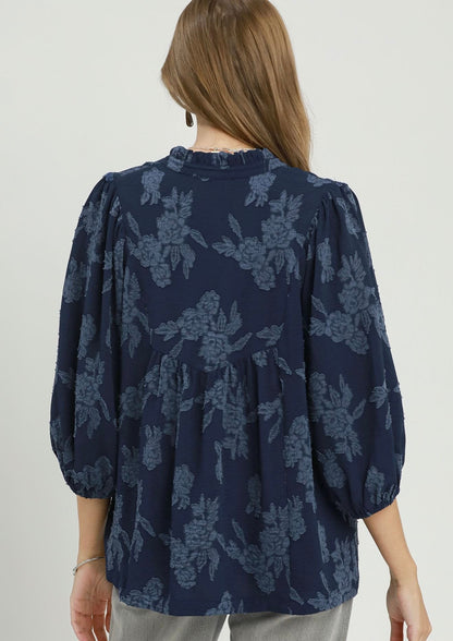 UMGEE Floral Textured Top Midnight Blue