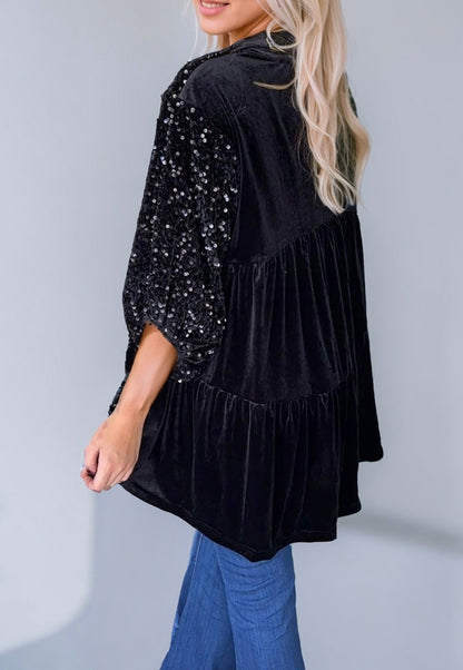 Black Velvet Sequin Sleeve Button Down Top