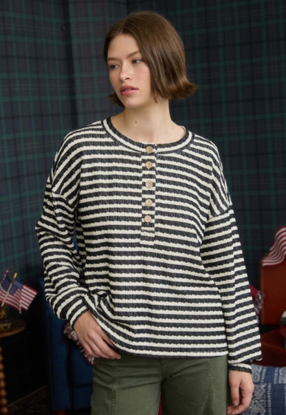 Textured Stripe Henley Top Black