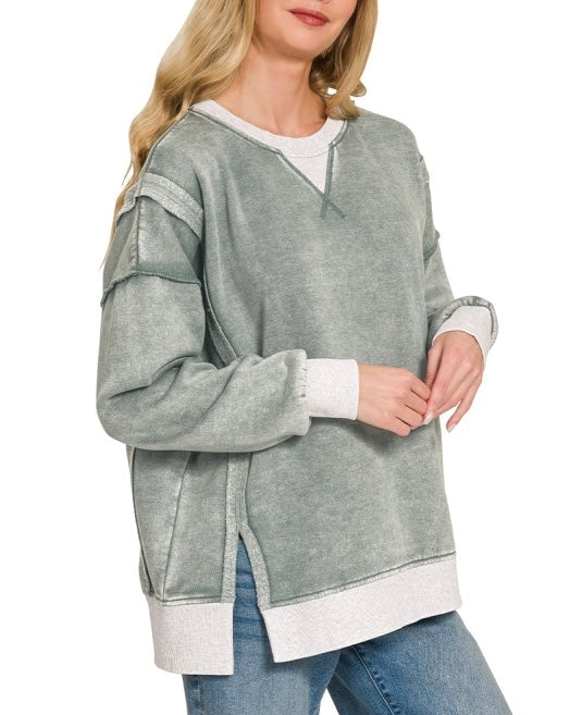 Fleece Washed Contrast Trim Pullover Jade
