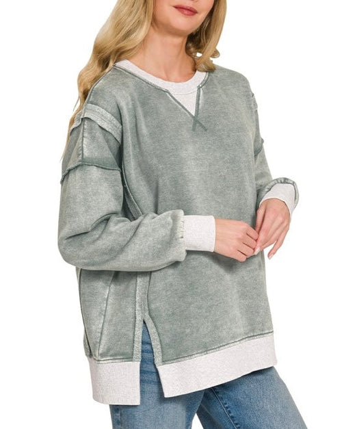 Fleece Washed Contrast Trim Pullover Jade